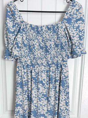 Amazon Blue and White Floral Smocked Midi Dress